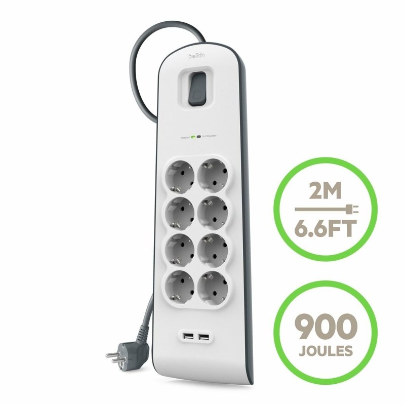 Multiprise 8 Prises avec Interrupteur Belkin BSV804VF2M USB x 2 Blanc (2 m) - ONLYTECK