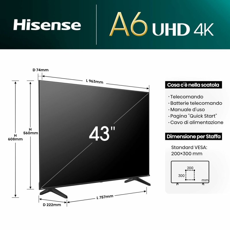 TV intelligente Hisense 43A6N 43 43" 4K Ultra HD LED HDR D - LED QLED - ONLYTECK
