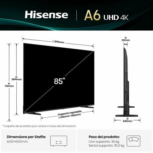 TV intelligente Hisense 85A6Q 85 85" 4K Ultra HD LED HDR D - LED - ONLYTECK