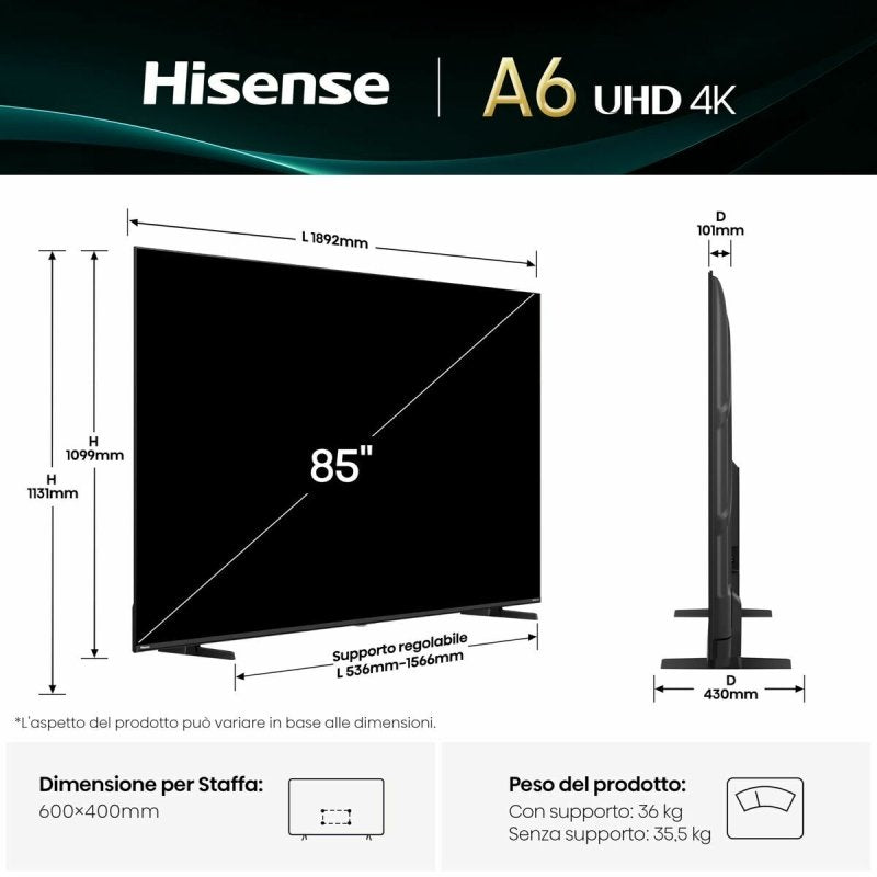 TV intelligente Hisense 85A6Q 85 85" 4K Ultra HD LED HDR D - LED - ONLYTECK